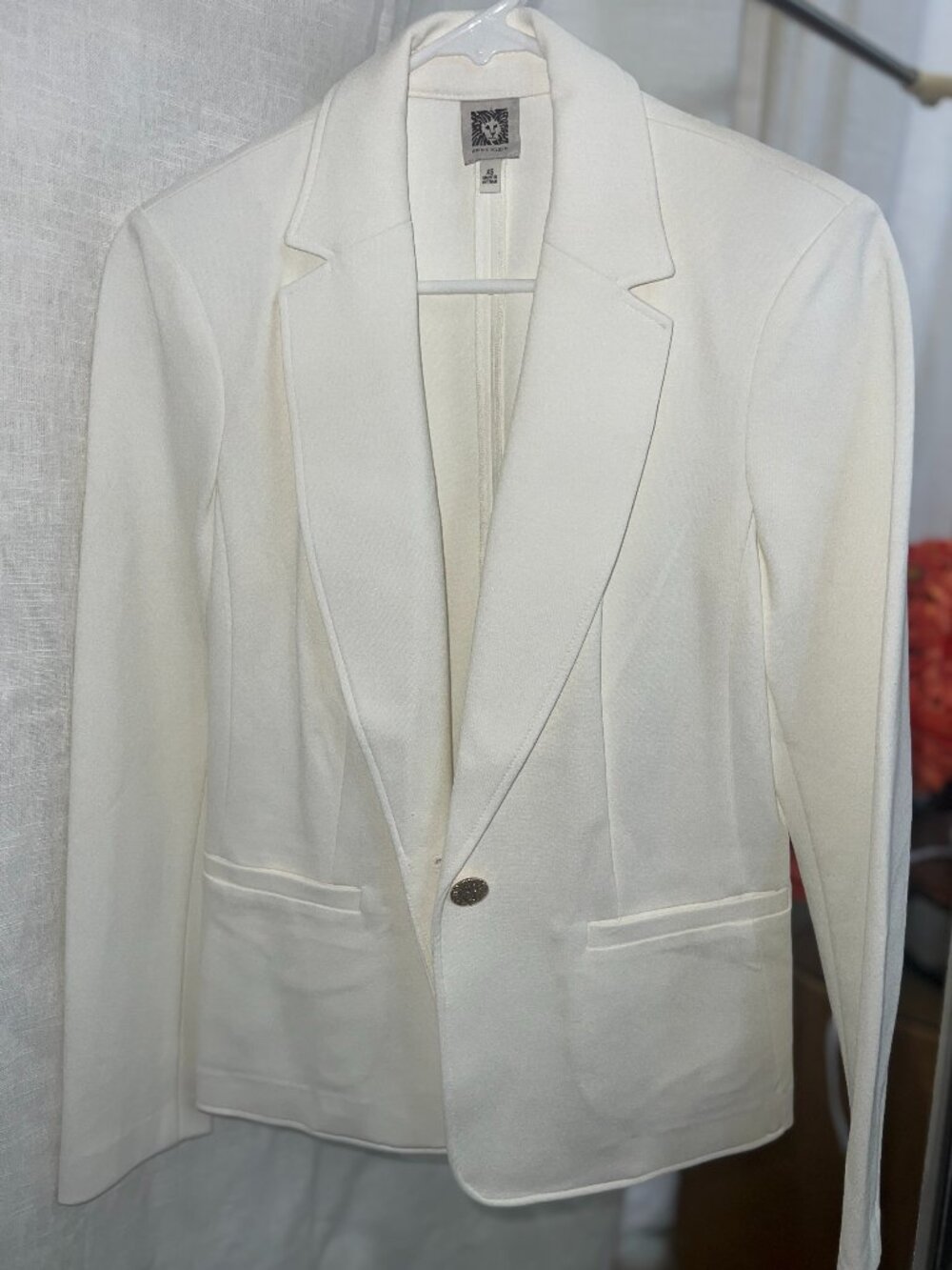 Anne Klein White Unstructured Single Gold Crest Button Blazer XS